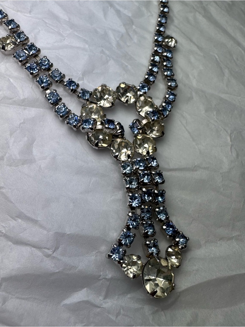 Vintage Ice Blue Clear Rhinestone Statement Bib Necklace Silver Tone Dangle